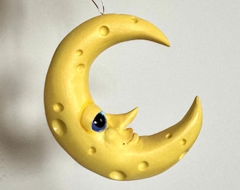 Handmade Crescent moon ornament cheese holiday christmas ornament halfmoon clay unique oneofakind