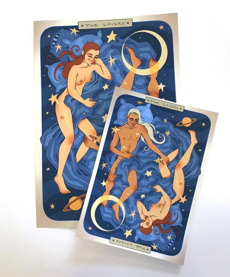 THE LOVERS Tarot Card inspired Original Fine Art Print Arcana Stars Space Sky Mystical Whimsical Reversible image 1