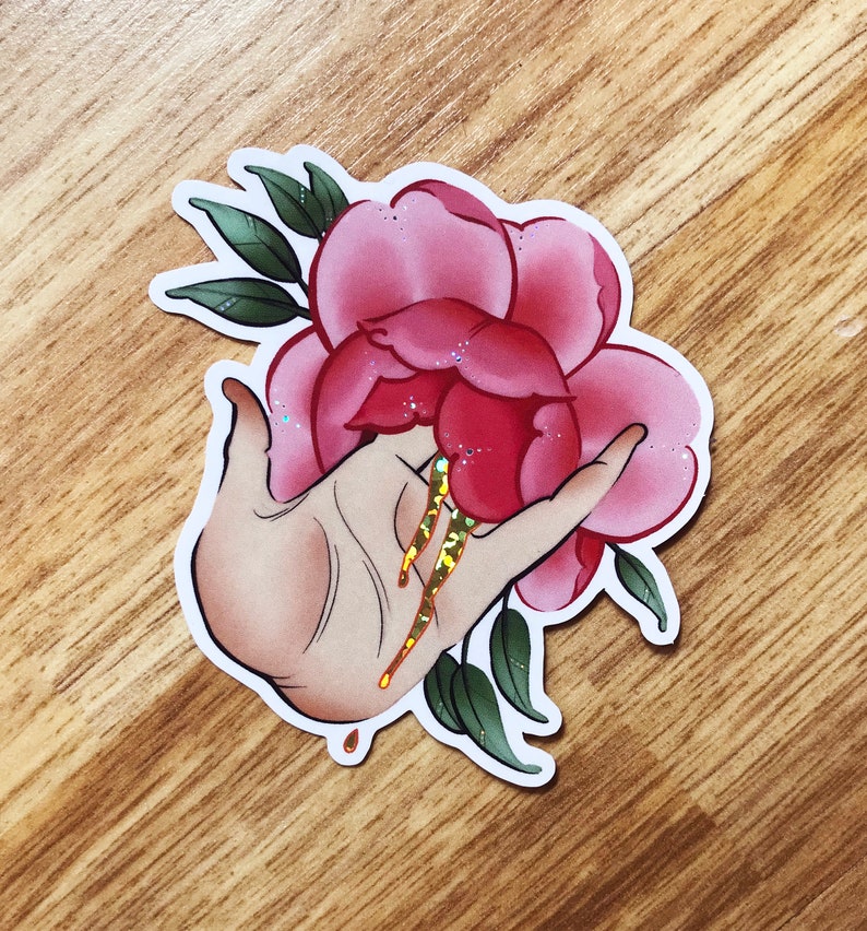 Glitter Sticker Peony Pride Flower scratchproof durable vinyl Laptop Label skateboard Lesbian Queer Gay feminism plantlover lgbt Japanese Pink