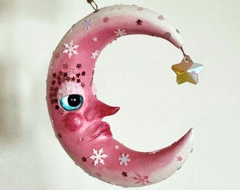 Handmade Crescent moon ornament holiday christmas ornament halfmoon clay unique oneofakind