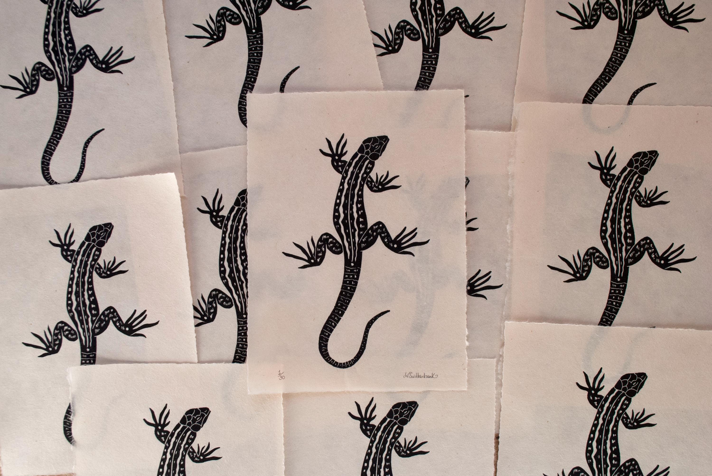 Lizard Linocut Print on Japanese Kitakata Paper. Wall Art, Home