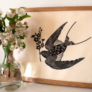 Spring Swallow lino print. Wall decor, home interior