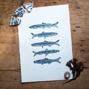 Anchovies lino print, wall art, home decor