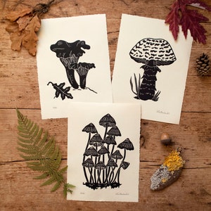 Impressions lino champignon. Options de capuchons d'encre de fée, champignon prince et girolles. Imprimé à la main sur du papier Fabriano crème