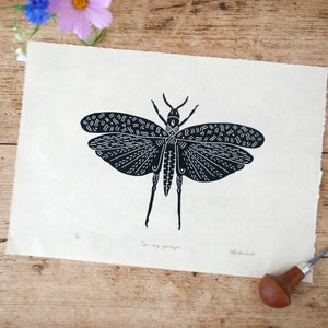 Open wing grasshopper Handprinted on Awagami kitakata paper image 1