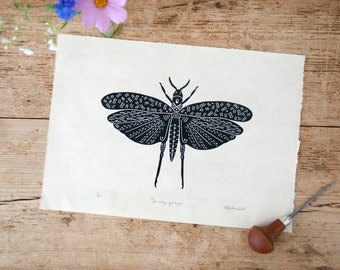 Open wing grasshopper Handprinted on Awagami kitakata paper