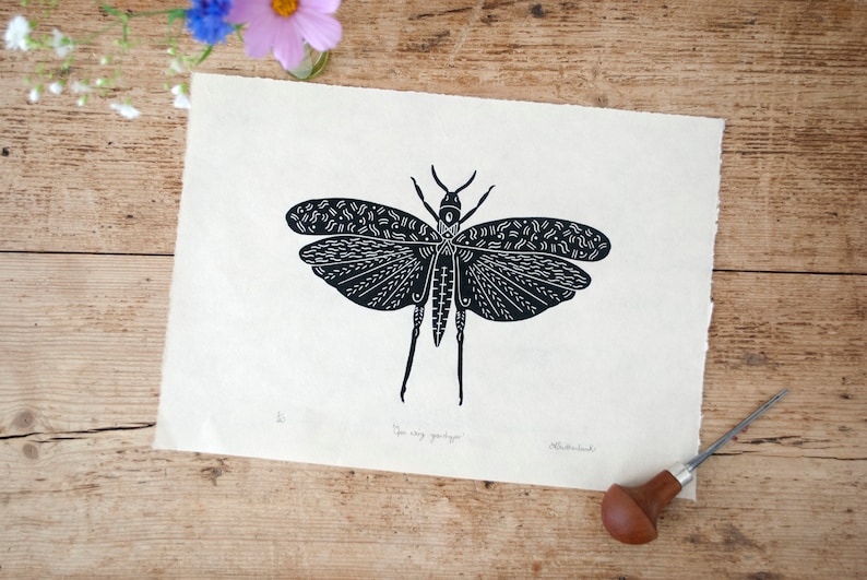 Open wing grasshopper Handprinted on Awagami kitakata paper image 1