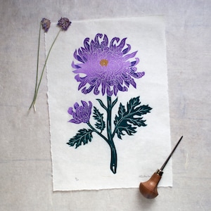 Purple Chrysanthemum lino print. Hand printed on Nepalese Washi paper.