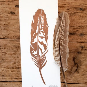 May include: A brown and white feather print on white paper with a real feather on the right side of the paper. The print is signed "d.braithwaite" and numbered "6/30".