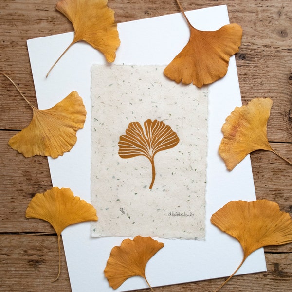 Mini yellow ginkgo leaf. Printed in yellow onto delicate Bamboo Washi paper.