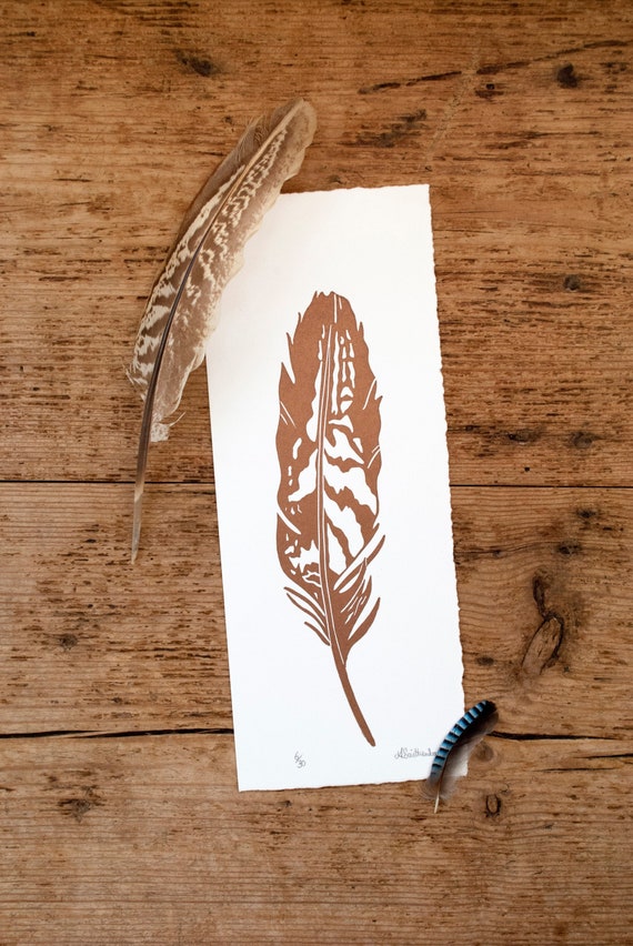 Feather in copper printed on white Somerset paper