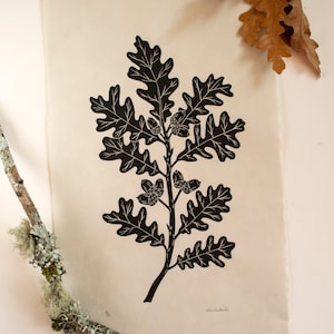 Oak branch linocut print on green Japanese Kitakata paper image 1