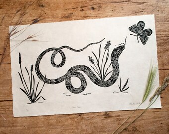 Grass Snake lino print on Awagami Japanese paper. Wall art, home decor
