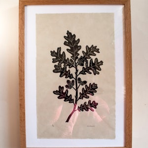 Oak branch linocut print on green Japanese Kitakata paper image 6