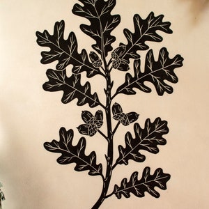 Oak branch linocut print on green Japanese Kitakata paper image 3