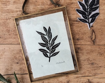 Singular olive branch hand printed on Kitakata green paper, home decor