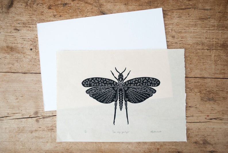 Open wing grasshopper Handprinted on Awagami kitakata paper image 5