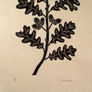 Oak branch linocut print on green Japanese Kitakata paper image 5