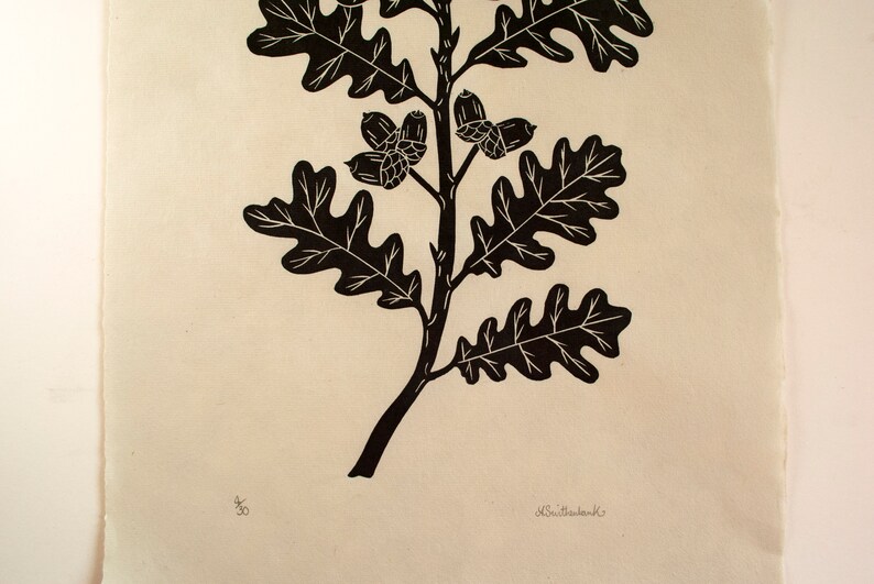 Oak branch linocut print on green Japanese Kitakata paper image 5