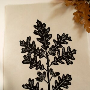 Oak branch linocut print on green Japanese Kitakata paper image 2