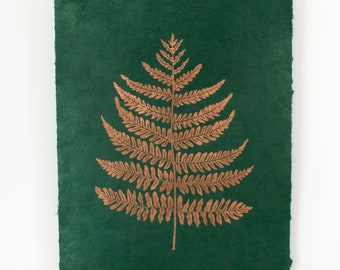 Copper fern handprinted on Nepalese forest green lokta paper