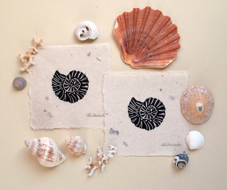 Mini Ammonite fossil linocut print image 2