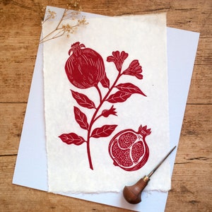 Red pomegrante lino print. Hand printed onto Nepalese Washi paper. Art decor, wall art