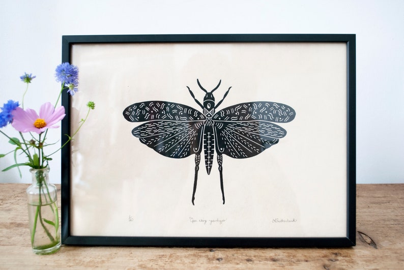 Open wing grasshopper Handprinted on Awagami kitakata paper image 7