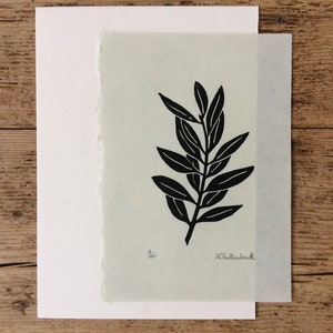 Singular olive branch hand printed on Kitakata green paper, home decor image 3