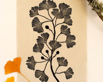 Gingko branch lino cut print. Wall art, handmade, Home decor.