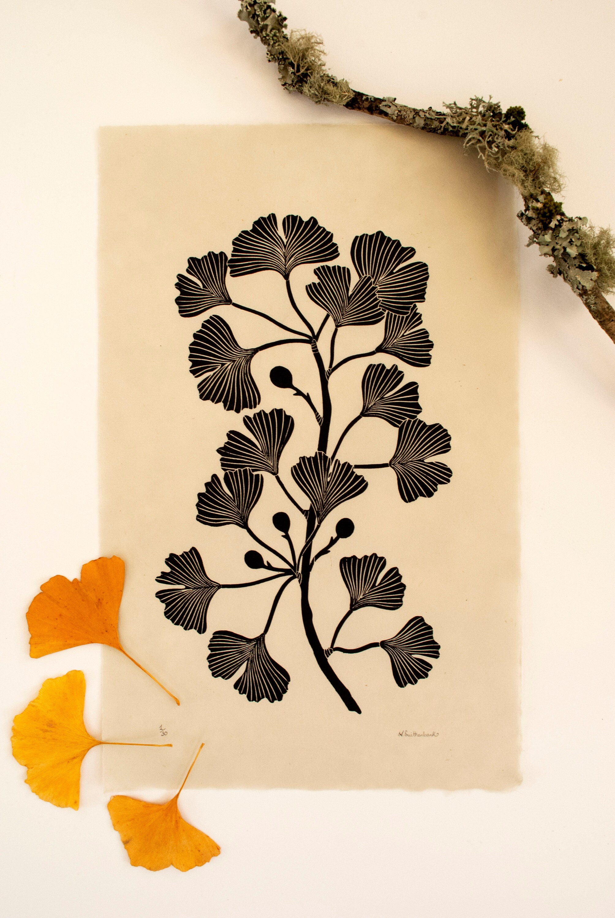 Gingko branch lino cut print. Wall art, handmade, Home decor.