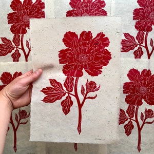 Red vibrant peony lino print onto Nepalese bamboo paper. Wall art, home decor.