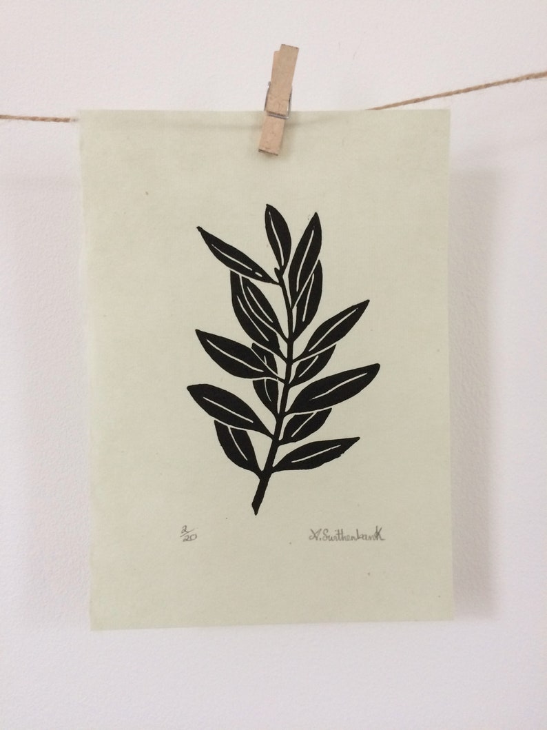 Singular olive branch hand printed on Kitakata green paper, home decor image 4