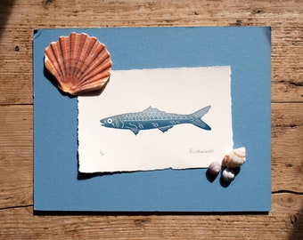Singular anchovy lino print. Wall art, home decor, mini print