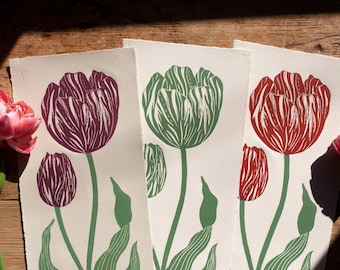 Original tulip linocut prints in 3 colour variety. Handmade, wall decor