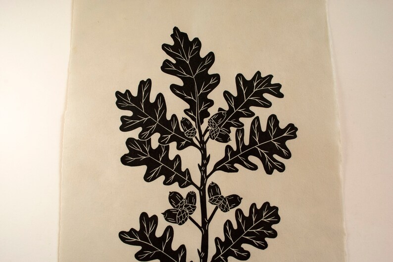 Oak branch linocut print on green Japanese Kitakata paper image 4