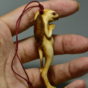 May include: A carved pendant featuring a creature with a turtle shell back, humanoid legs, and a small head with red eyes. The pendant is attached to a red cord. The carving is a light beige color.