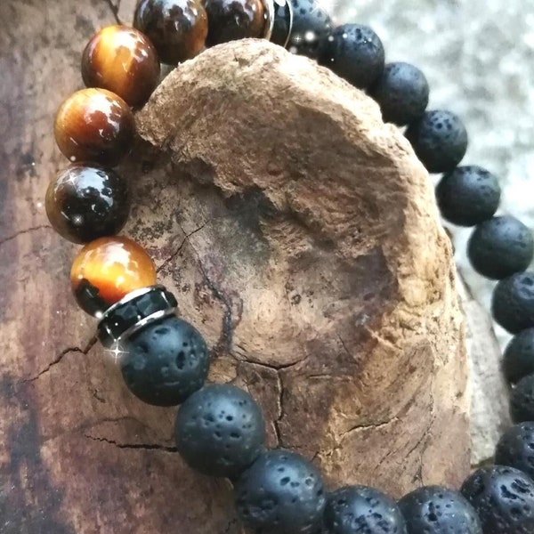Bracelet " ÉLÈGANCE PROTECTION " bracelet pierre de lave et œil de tigre,pierre véritable,pierreAA,genuine tiger eye and lava stone bracelet