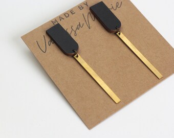 Modern Earrings, Minimalist Earrings, Simple earrings, Long Earrings, Brass Earrings, Wooden Earrings, Black Earrings