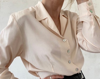 Mooie vintage blouse in creme kleurige, roze jaren 70 elegante longsleeve