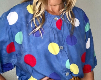 Beautiful vintage short-sleeved blouse with colorful dots 70s 80s