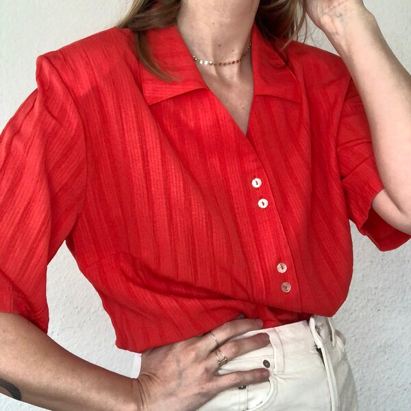 Mooie vintage blouse in rood/koraal jaren '80 jaren '90 korte mouwen