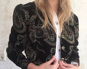 schöner eleganter Vintage Blazer scharzer Samt mit bunten Floralmuster 70er Jahre