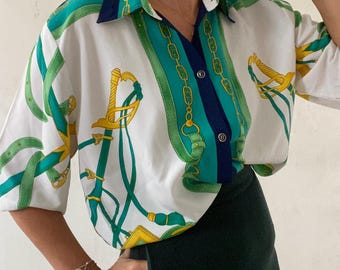 Vacker vintage kortärmad blus från 80- och 90-talet, grön och vit.