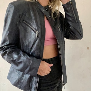 Veste en cuir vintage décontractée en bleu foncé