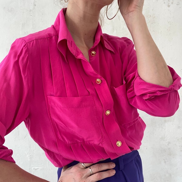 Schöne Vintage Seidenbluse Bluse langärmelig in knall Pink von Prestige 70er 80er