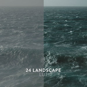 Puede incluir: Una comparaci&oacute;n lado a lado de un mar tormentoso. El lado izquierdo muestra la imagen original, mientras que el lado derecho muestra la imagen despu&eacute;s de aplicar un filtro de gradaci&oacute;n de color. El texto "24 LANDSCAPE LUT" es visible en la parte inferior de la imagen.