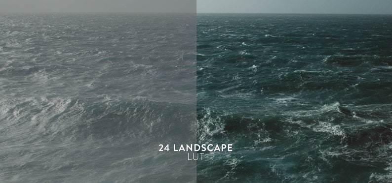 Puede incluir: Una comparaci&oacute;n lado a lado de un mar tormentoso. El lado izquierdo muestra la imagen original, mientras que el lado derecho muestra la imagen despu&eacute;s de aplicar un filtro de gradaci&oacute;n de color. El texto "24 LANDSCAPE LUT" es visible en la parte inferior de la imagen.