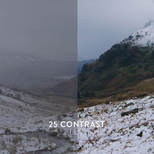 Puede incluir: Un paisaje monta&ntilde;oso nevado con un valle en la distancia. La imagen est&aacute; dividida en dos, con el lado izquierdo mostrando una vista atenuada de bajo contraste y el lado derecho mostrando una vista de mayor contraste. El texto "25 CONTRAST LUT" est&aacute; en la parte inferior de la imagen.