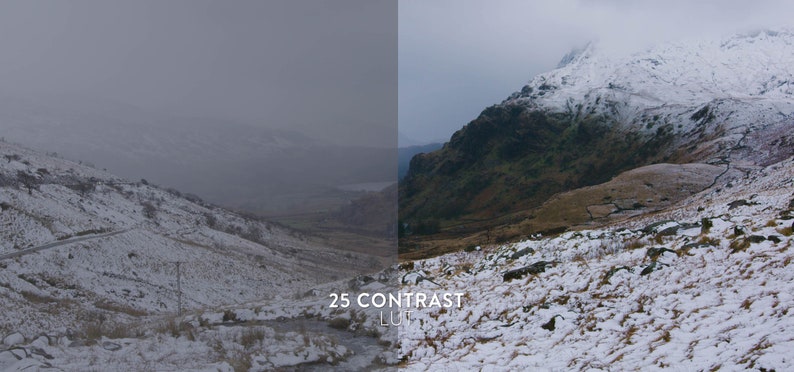 Puede incluir: Un paisaje monta&ntilde;oso nevado con un valle en la distancia. La imagen est&aacute; dividida en dos, con el lado izquierdo mostrando una vista atenuada de bajo contraste y el lado derecho mostrando una vista de mayor contraste. El texto "25 CONTRAST LUT" est&aacute; en la parte inferior de la imagen.